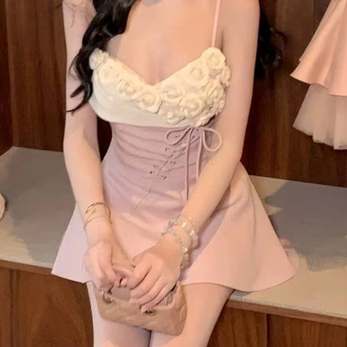 Hit Color Spliced Appliques Temperament Dresses for Women V Neck Sleeveless Patchwork Lace Up Mini Dress Female New